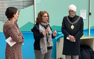 Left to right, Mia Ducker, curator of Herbert Gallery and Museum, Claudette Bryanston Artistic Director of STAMP and Lord Mayor of Coventry Cllr Birdi at the launch of the exhibition