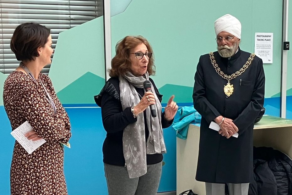 Left to right, Mia Ducker, curator of Herbert Gallery and Museum, Claudette Bryanston Artistic Director of STAMP and Lord Mayor of Coventry Cllr Birdi at the launch of the exhibition